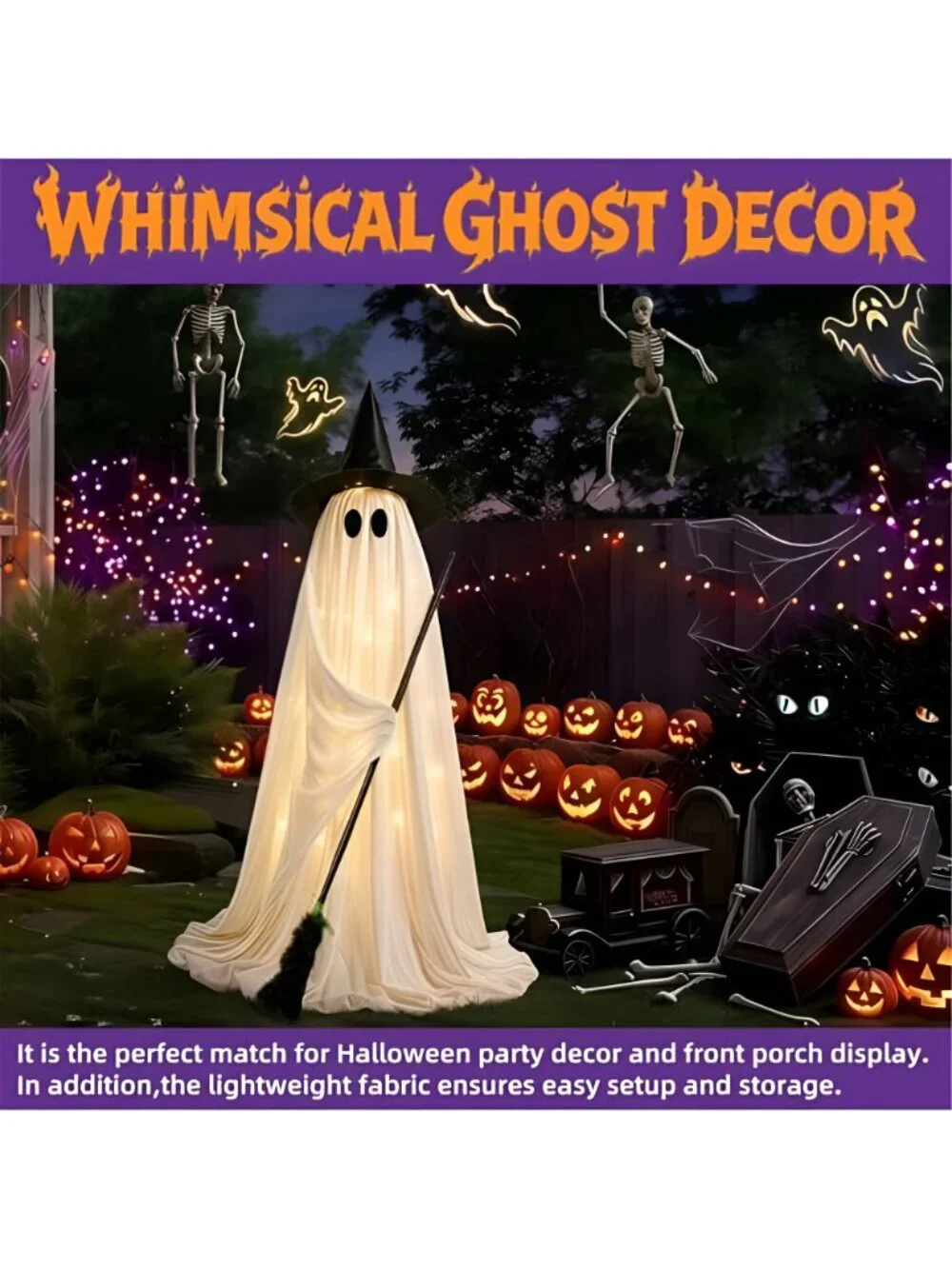 Halloween Decorations Outdoor Lighted Ghost, Witch Hat Broom Yard Decor
